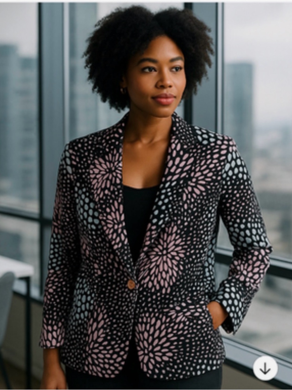 Anne Klein Black Floral Pattern Blazer Jacket - Pink & Light Blue Accent Large